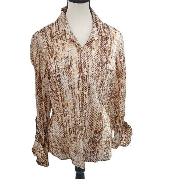 Lucky Brand ButtonUp Blouse Womens M Brown Abstract Animal Print Long Sleeve - Picture 1 of 9
